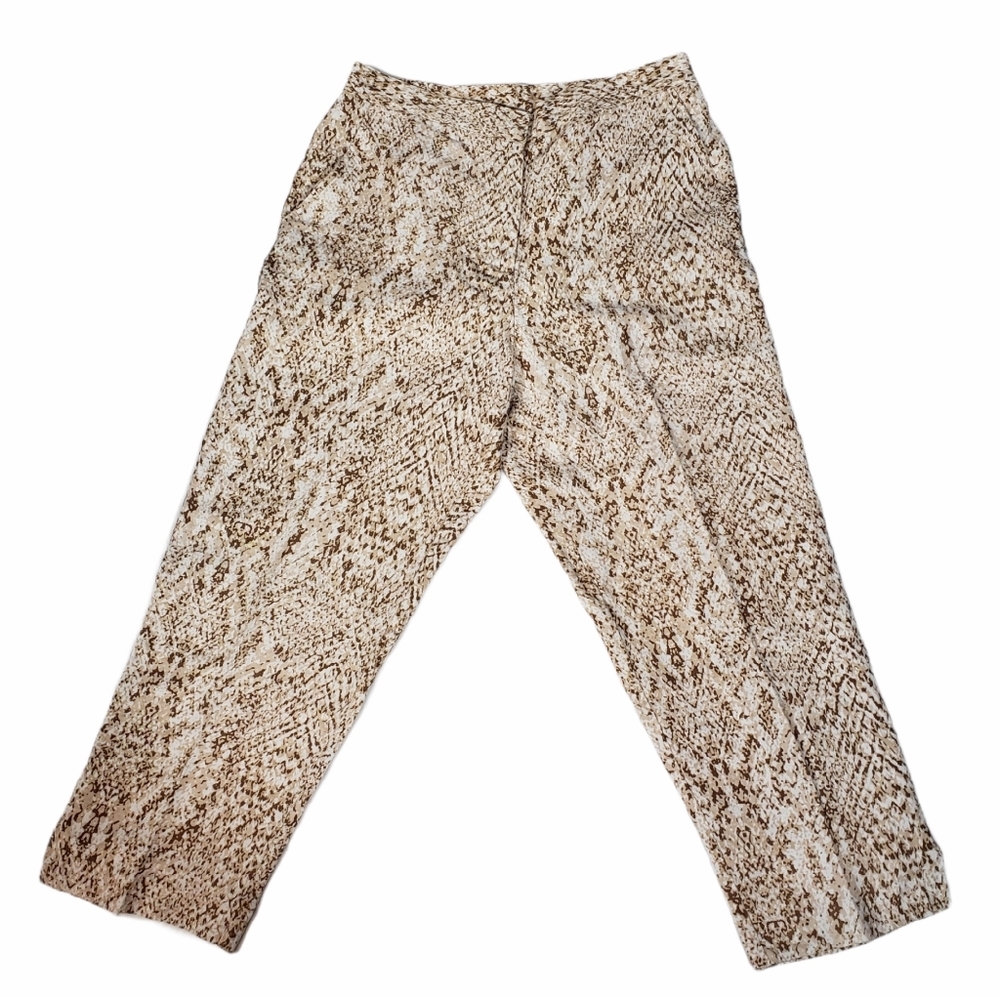 Brown Snake Print Linen Blend Cropped Pants Sz 8 Elastic Waist Breathable Career